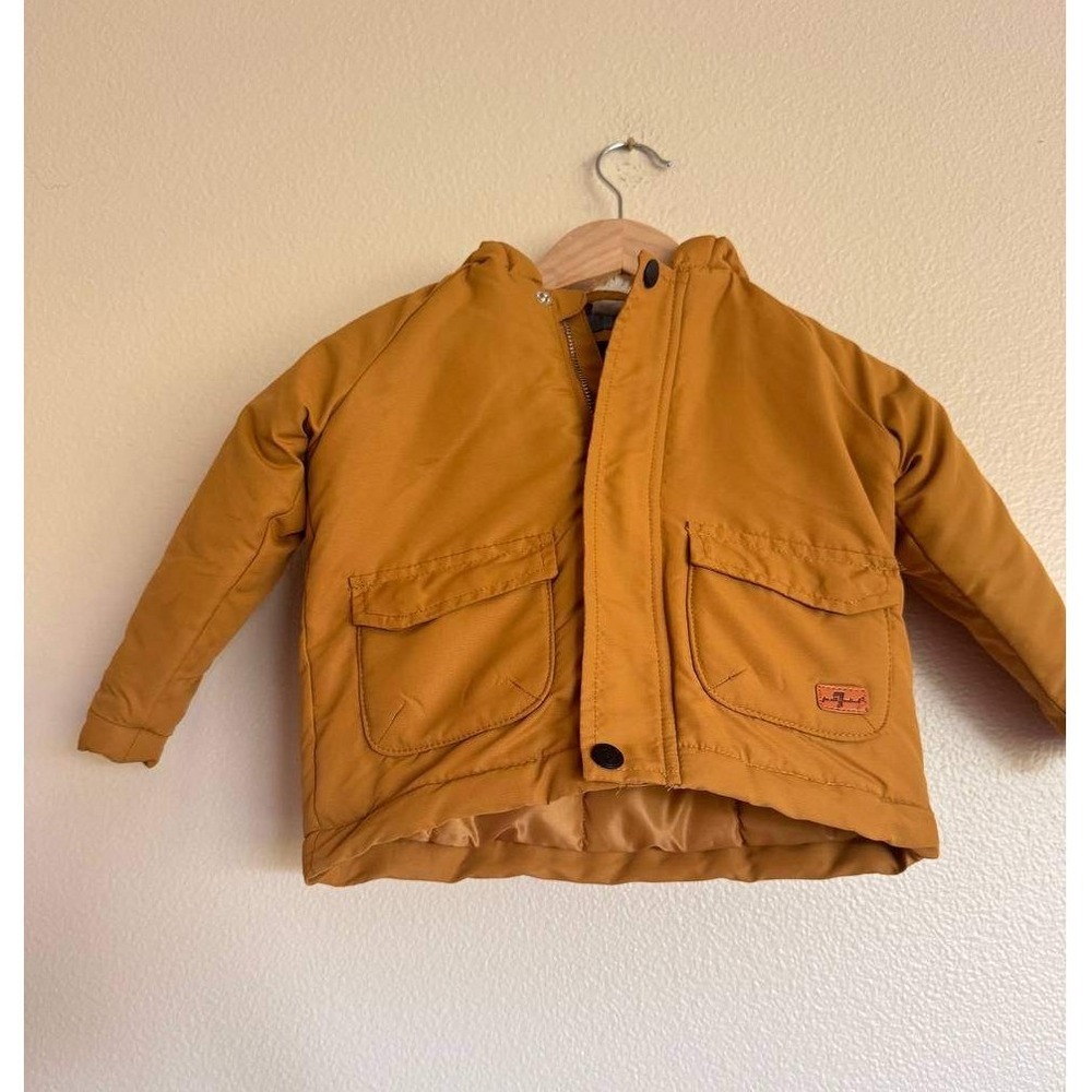 7 For All Mankind Baby Puffer Jacket 18M Mustard Gold Sherpa Hood Scandi Baby